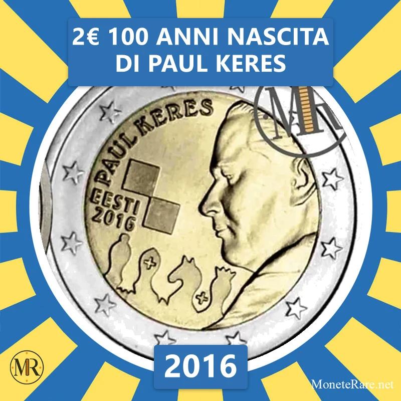2€ 100 Anni nascita di Paul Keres 2016 Estonia (foto moneta)