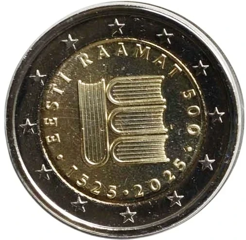 2 Euro Commemorativi Estonia 2025 – 500° anniv. primo libro in estone (Raamat 500)