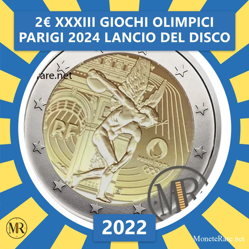 2€ XXXIII Giochi Olimpici Parigi 2024 Lancio del disco 2022 Francia 2€ XXXIII Giochi Olimpici Parigi 2024 Lancio del disco 2022 Francia (foto moneta)