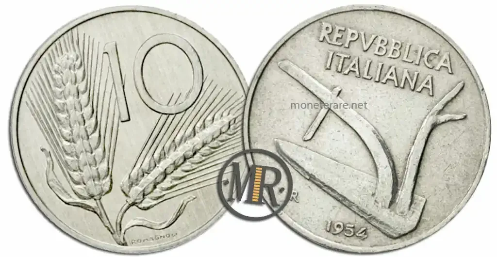 10 Lire 1954 Spiga: moneta della Repubblica Italiana con due spighe