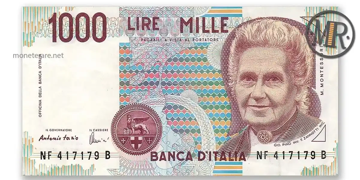 Banconota da 1000 lire Maria Montessori, dritto