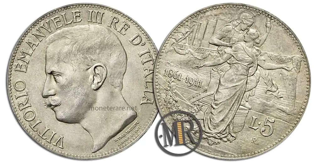 moneta da 5 Lire valore Vittorio Emanuele III Cinquantenario 1911
