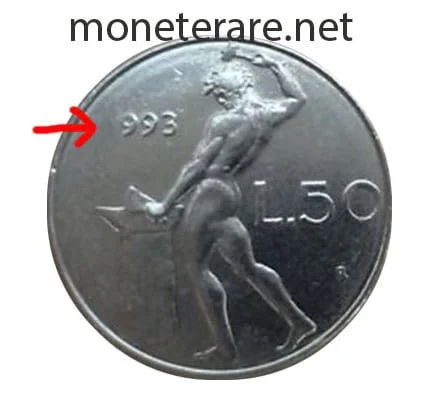 moneta da 50 lire micro del 1993 con un errore di conio