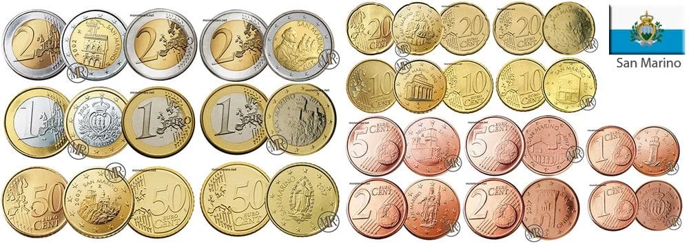 Tutte le monete divisionali di Euro della repubblica di  San Marino