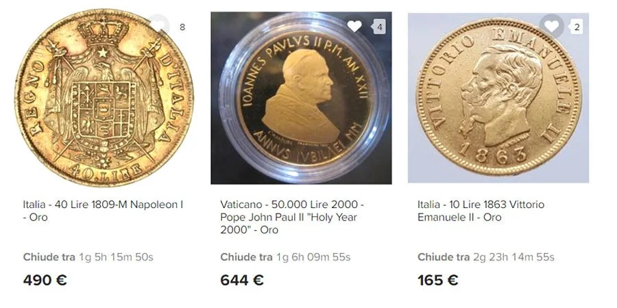Alcune monete delle Lire d'Oro tra cui una del Vaticano e del Regno D'Italia (clicca l'immagine per vederle tutte)