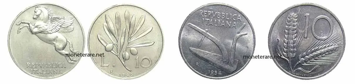 Le monete di valore italiane da 10 lire Olivo e Spiga