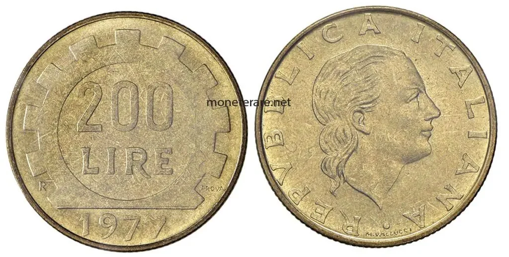 Moneta di valore da 200 Lire 1977 con la scritta PROVA