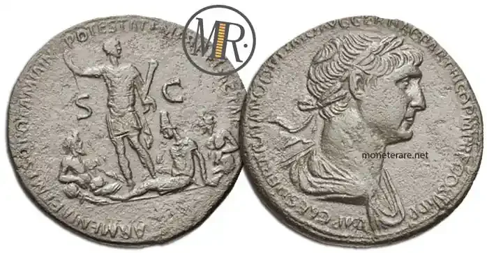 sesterzio moneta di Traiano con Tigri Eufrate e Armenia