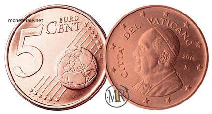 5 Centesimi Euro Vaticano Papa Francesco 2016
