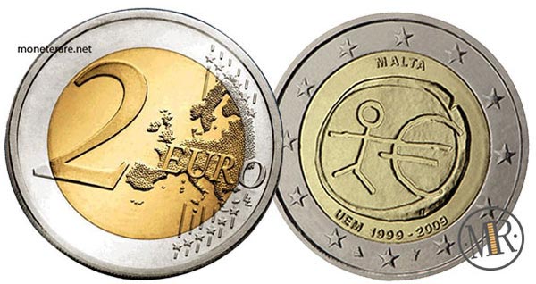 2 Euro Commemorativi Malta 2009 10° anniversario dell'Unione Economica e Monetaria