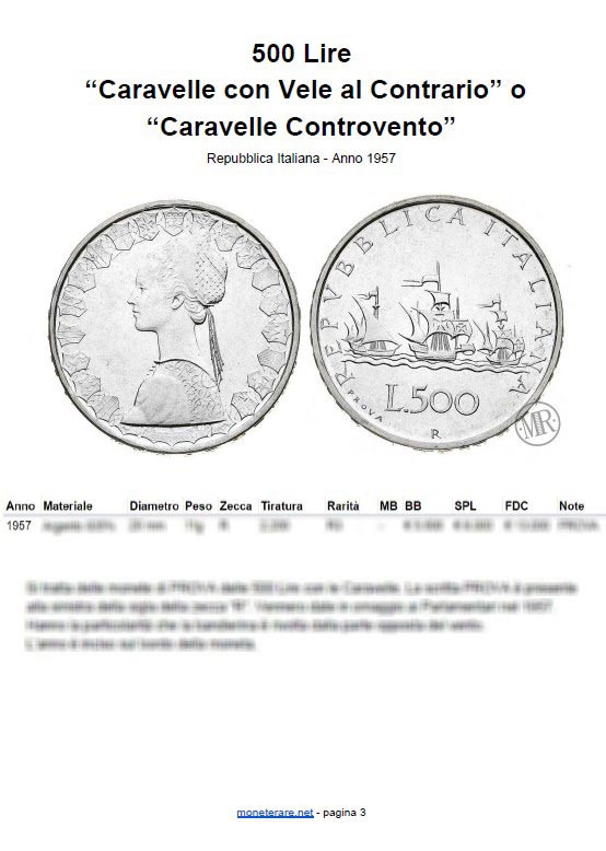 catalogo col valore delle 500 lire d'argento caravelle