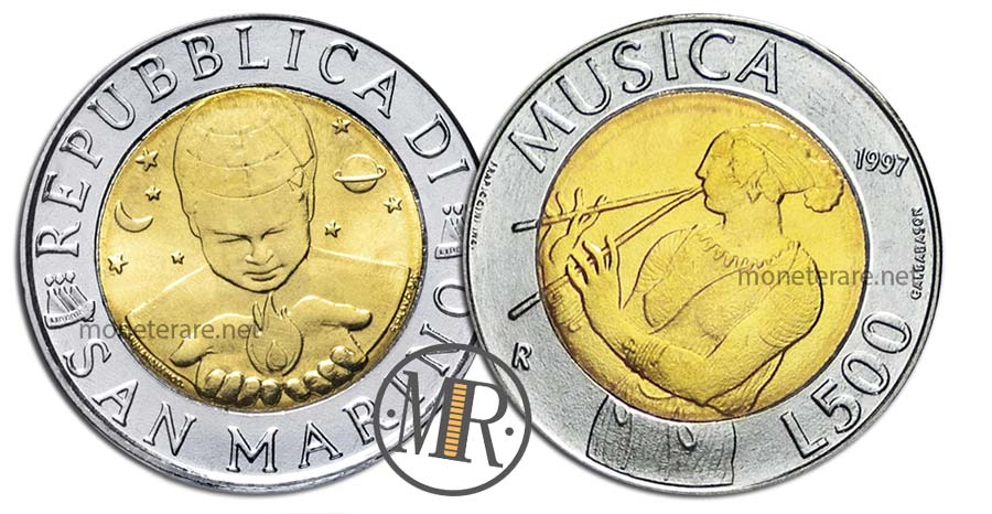moneta da 500 Lire San Marino Bimetalliche 1997 La Musica suonatrice
