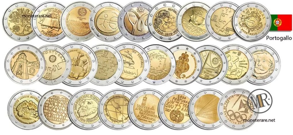 2 Euro Portugal Commemorative Coins with Values and Images