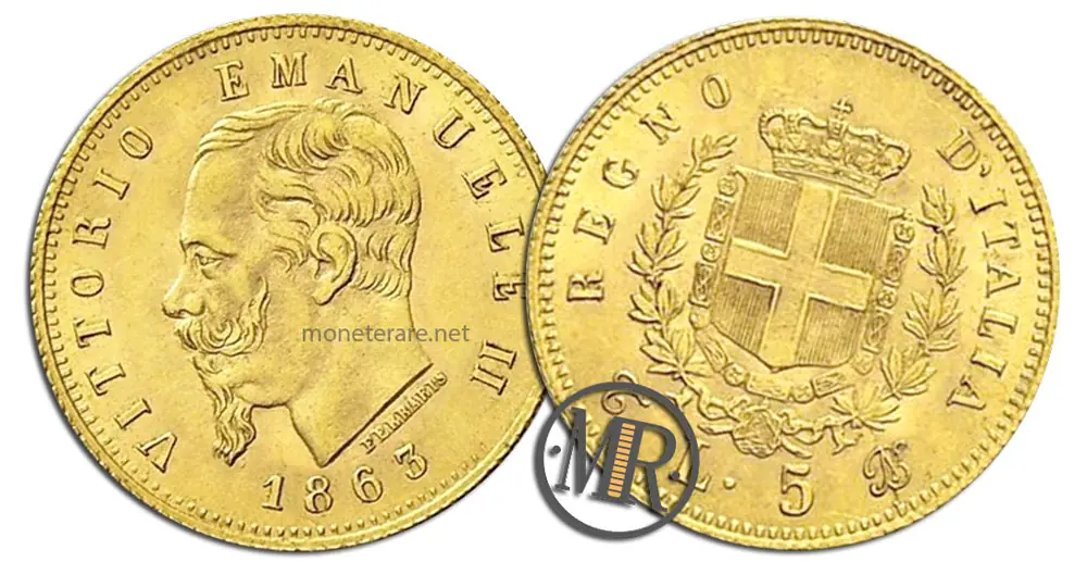 5 Lire valore Vittorio Emanuele II Stemma ORO moneta rara
