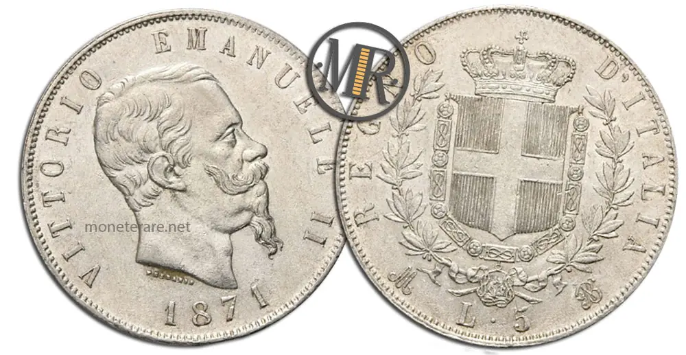 5 Lire Vittorio Emanuele II Stemma valore moneta rara
