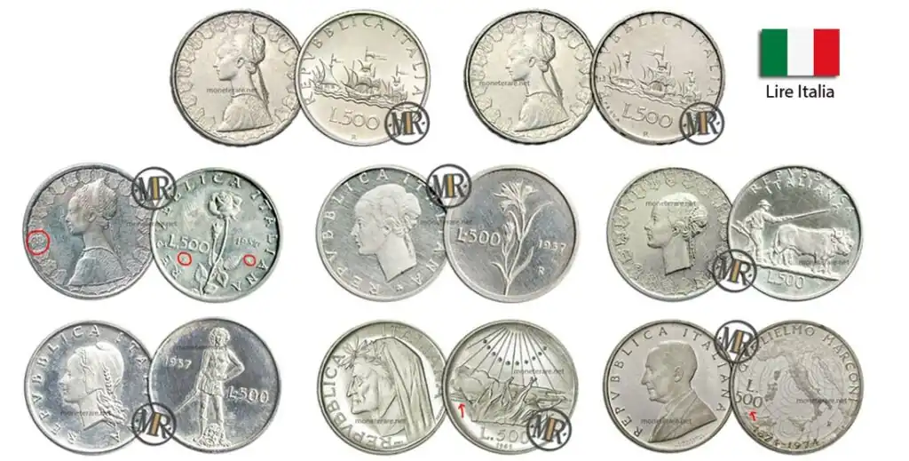 500 Lire Argento Italiane con il valore di ogni moneta 