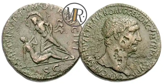 monete romane sesterzio Traiano Dacia e Tevere