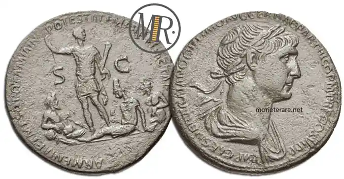 sesterzio moneta di Traiano  con Tigri Eufrate e Armenia