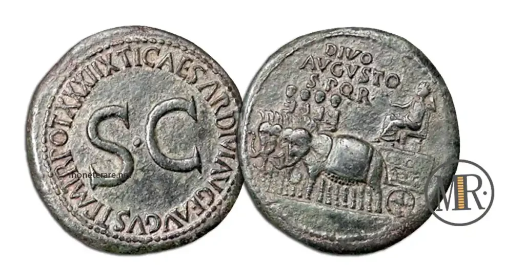 Sesterzio di Tiberio con effigie Augusto