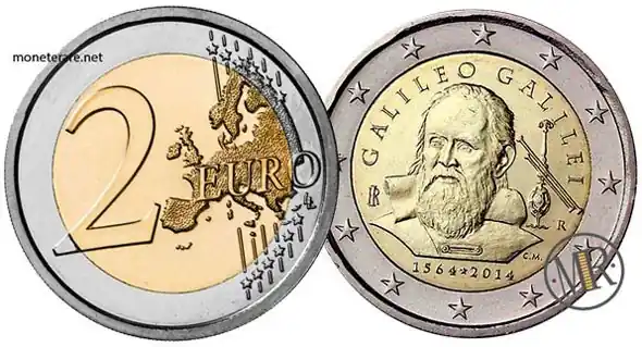 2 Euro Commemorativi Italiani del 2014 con Galileo Galilei