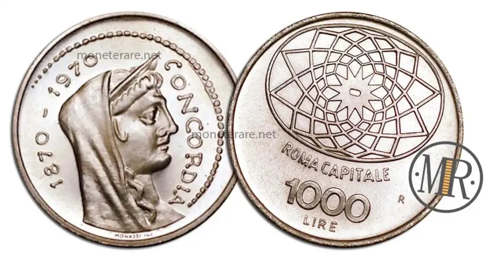 Moneta argento 1000 lire roma capitale 1870-1970 concordia