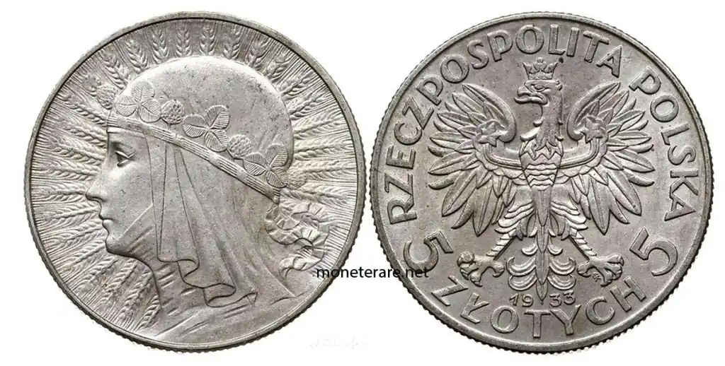 Moneta della Polonia da 5 Zlotych de 1933
