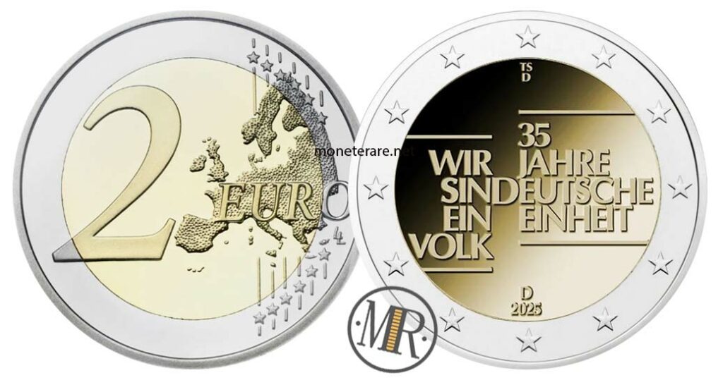Dritto e rovescio dei 2 euro Germania 2025 commemorativi della riunificazione tedesca