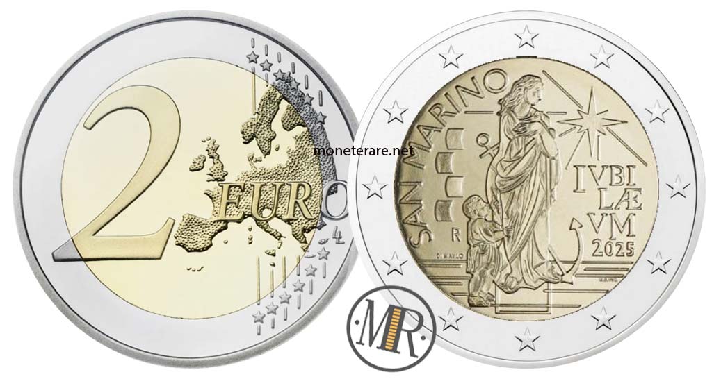 Dritto e rovescio della moneta da 2 Euro San Marino 2025 Giubileo