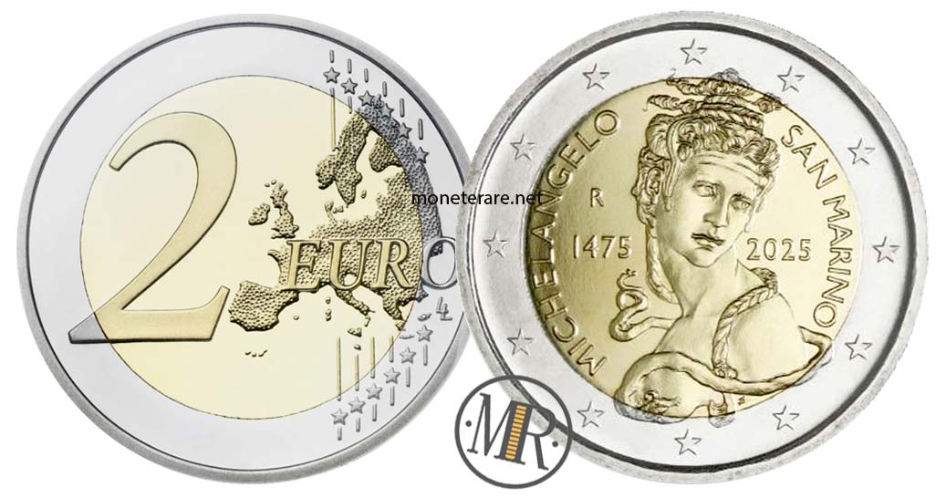 Dritto e rovescio della moneta da 2 euro san marino 2025 per michelangelo